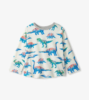 Hatley cream baby long sleeve T-shirt with colorful dinosaur print, front view