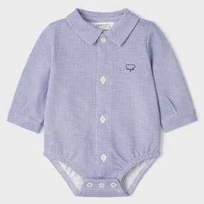 Front view of light blue micro-check baby boys collared shirt bodysuit