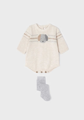 Cream dog motif knit baby romper with grey footed tights front view
