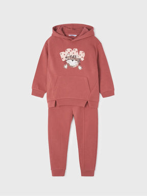 Front view of dusty-rose Mayoral girls hooded sweatshirt and jogger tracksuit
