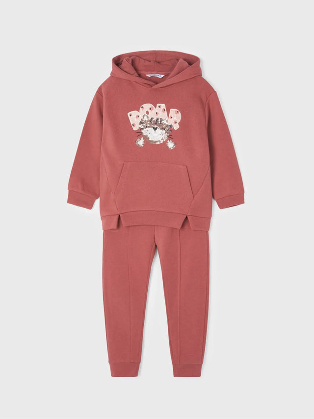 Mayoral girls embroidered tracksuit set laid flat showing hoodie, front pocket, and matching pants.