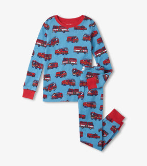 Hatley blue Firetrucks boys pajama set with red cuffs, full product view