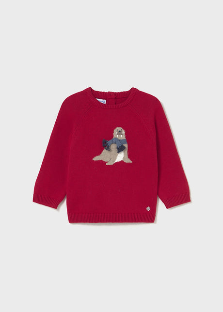 Flat lay front view of Mayoral baby unisex animal intarsia sweater