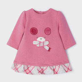 Front view of pink Mayoral baby fleece dress with mouse appliqué and plaid hem
