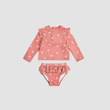 Miles The Label baby girls and girls Deep Pink floral rashguard swim set with UPF 50+ and frilly details.