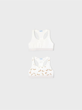 Front view of plain ivory and tan botanical print girls training bras