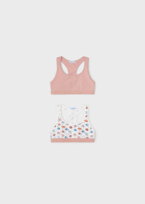 Front view of dusty pink and multicolour print girls training bras