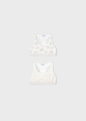 Front view of ivory heart and animal print girls training bras