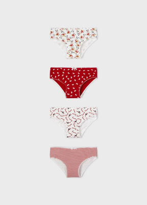 Front view of four girls briefs in red ivory holiday prints and stripes