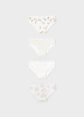 Front view of four ivory and tan botanical heart and animal print girls briefs