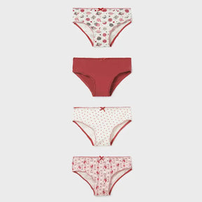 Front view of four pink burgundy star ladybird and figure print girls briefs