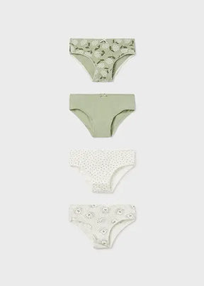Front view of four sage ivory botanical heart and animal print girls briefs