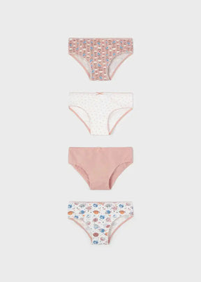 Four pairs of Mayoral girls briefs in pink, white and printed designs