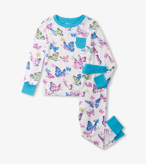 Hatley girls Big Butterflies long pajama set in white with colourful butterflies and aqua trim