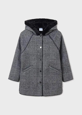 Front view of black, white and grey Mayoral girls plaid hooded coat