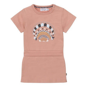 Old pink Dirkje girls dress with chest graphic, front view