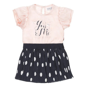 Pink and dark navy dotted Dirkje baby girls dress, front view