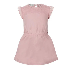 Front view of dusty pink Koko-Noko girls dress with lace yoke and flutter sleeves