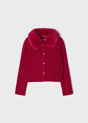 Front view of girls deep red ribbed cardigan with faux fur collar