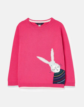 Joules Gee Gee Pink Rabbit Intarsia Sweater: front view of pink jumper with rabbit in striped pocket