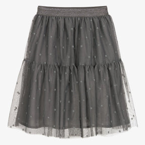 Front view of grey tiered tulle skirt with sparkly flowers