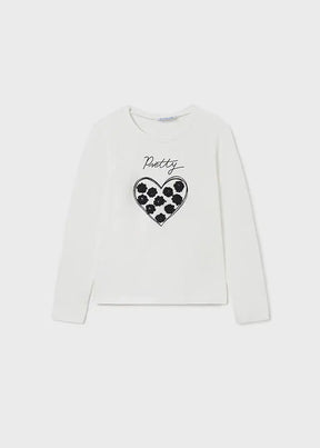 Front view of white Mayoral girls long-sleeve T-shirt with black floral heart graphic