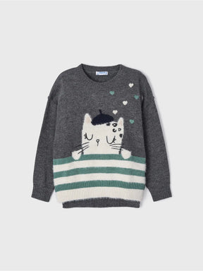 Front view of charcoal Mayoral girls sweater with cat, stripe and heart motifs