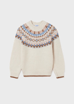 Front view of girls beige jacquard yoke knit sweater