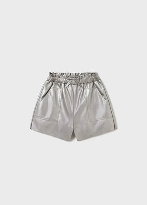 Front view of metallic-silver Mayoral girls shorts with elastic waist and pockets