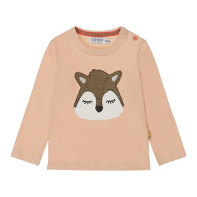 Peach pink Dirkje girls' long-sleeve shirt with textured deer face appliqué, front view