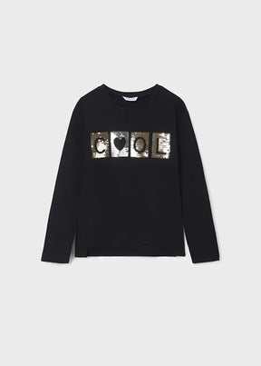 Front view of black girls long-sleeve T-shirt with silver sequin COOL graphic