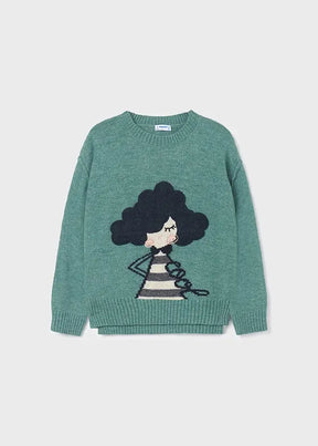Front view of teal Mayoral girls knit sweater with illustrated girl graphic