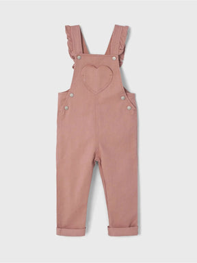 Front view of dusty pink heart-pocket overalls