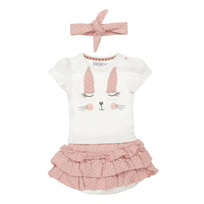 Off-white bunny T-shirt, pink dotted skirt and headband set, front view