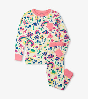 Hatley cream Groovy Mushroom girls pajama set with pink cuffs, full product view