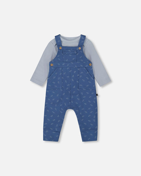 Organic Cotton Onesie And Overalls Set Blue Leaf Print-0