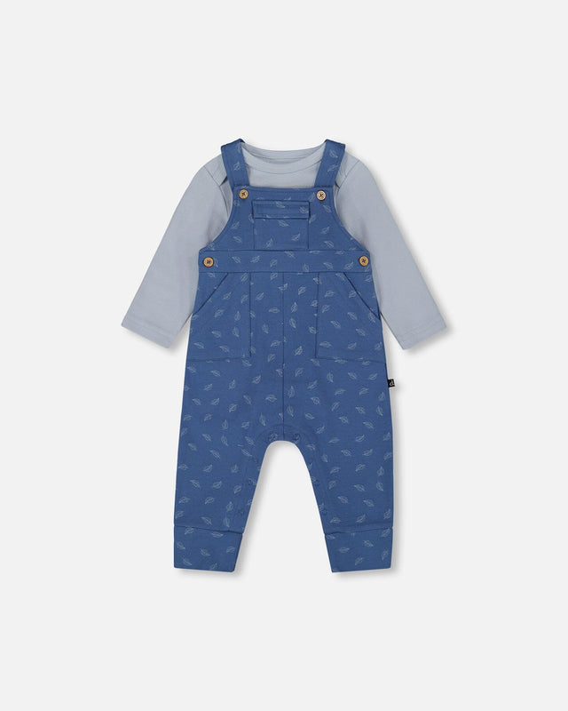 Organic Cotton Onesie And Overalls Set Blue Leaf Print-0