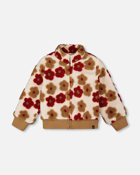 Full Zip Sherpa Jacket With Jacquard Floral Pattern Beige And Red-0