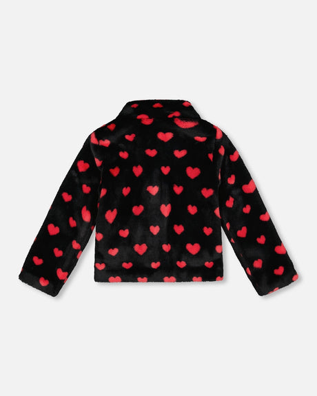 Faux Fur Short Coat Black And Red With Hearts-2