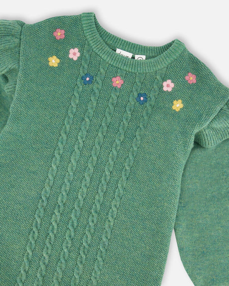 Knitted Dress Sage Green With Ruffles And Floral Embroidery-3