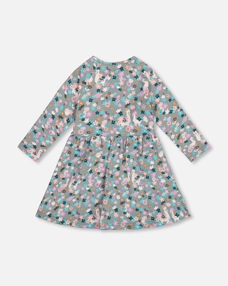 Half Button Organic Cotton Dress Blue Llama Print-2
