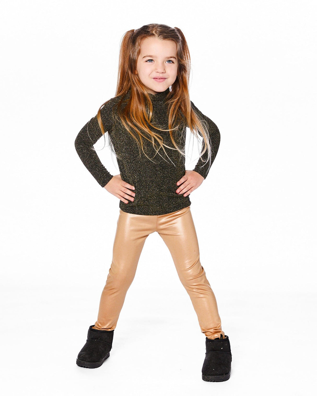Shiny Rib Mock Neck Top Black And Gold-1