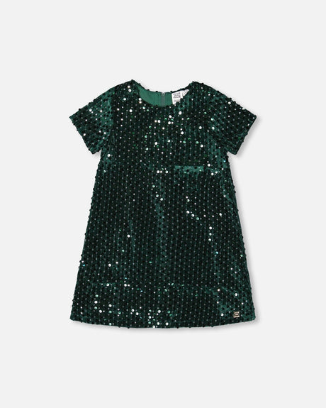 Velvet Short Sleeve Dress Forest Green-0