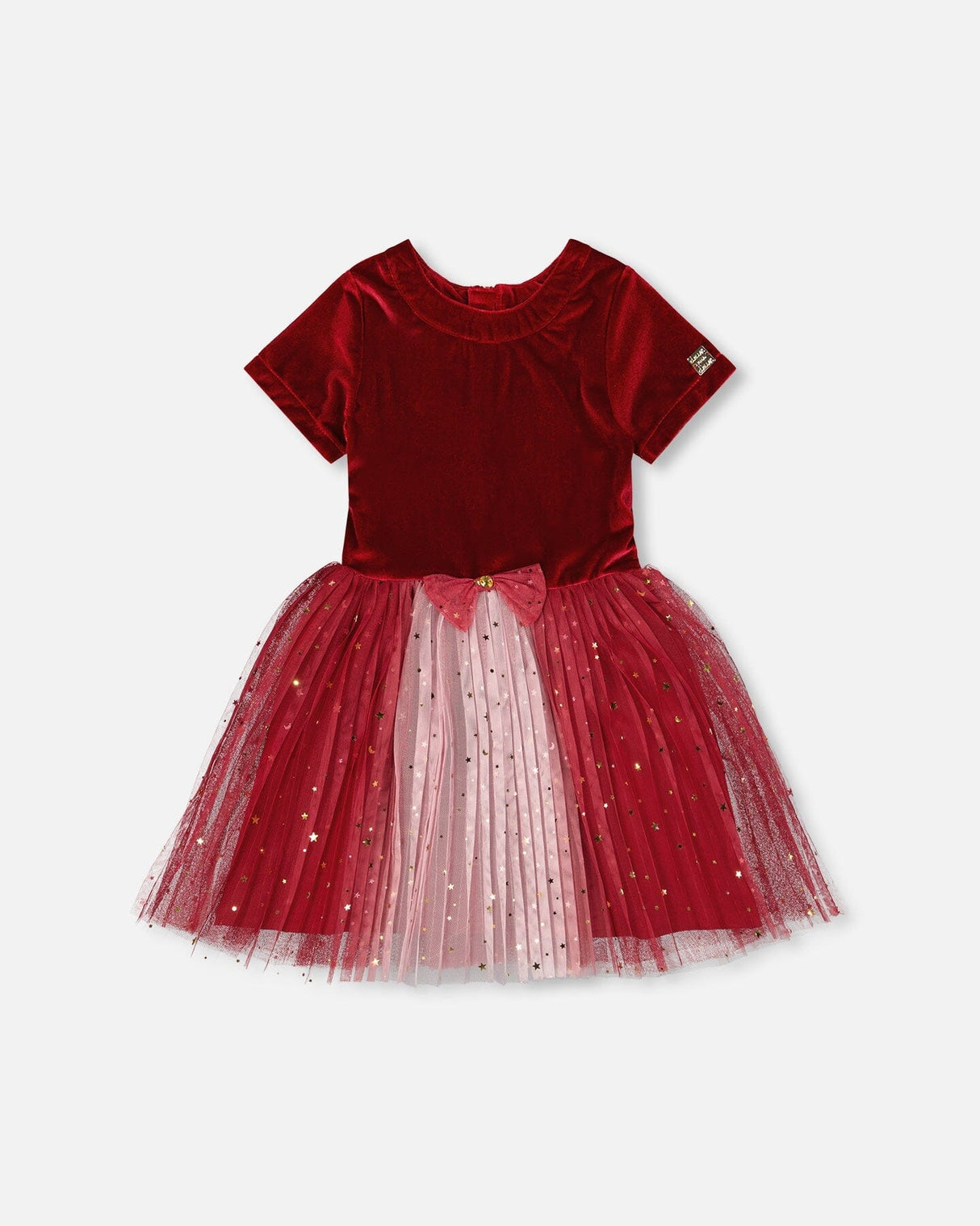 Bi-Material Short Sleeve Party Dress Red-0