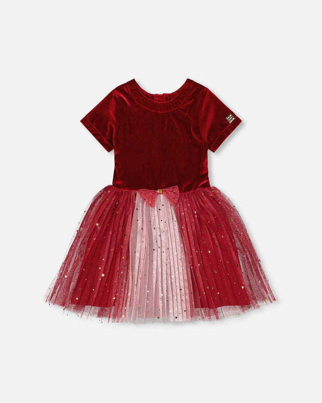 Bi-Material Short Sleeve Party Dress Red-0