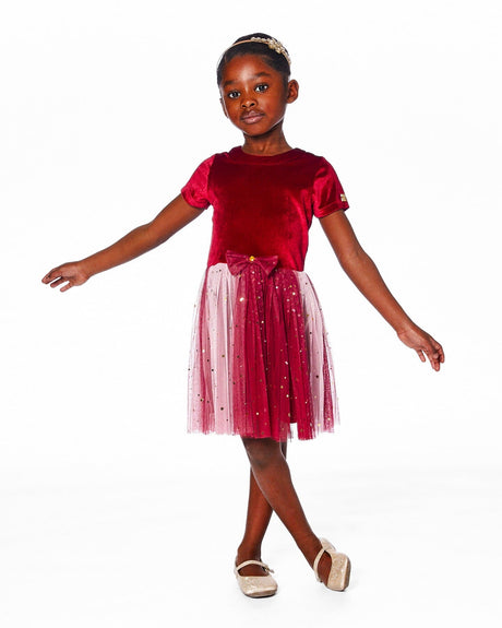 Bi-Material Short Sleeve Party Dress Red-1