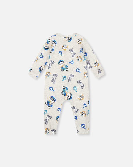 One-Piece Organic Cotton Pajama Beige Monkey Print-1