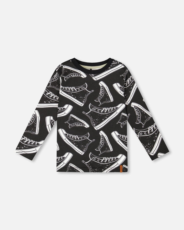 Long Sleeve Organic Cotton Allover Print Tee Black-0
