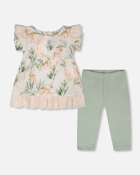 Muslin Tunic And Pointelle Leggings Set Peach Deer Print & Green-0