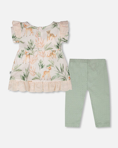 Muslin Tunic And Pointelle Leggings Set Peach Deer Print & Green-2